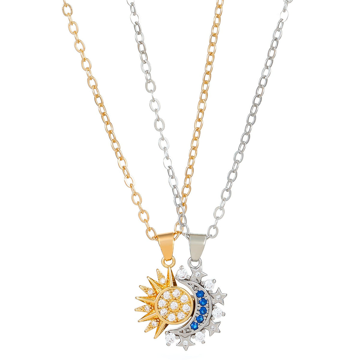 Set de collares magnéticos sol y luna: sol dorado y luna plateada con cristales azules